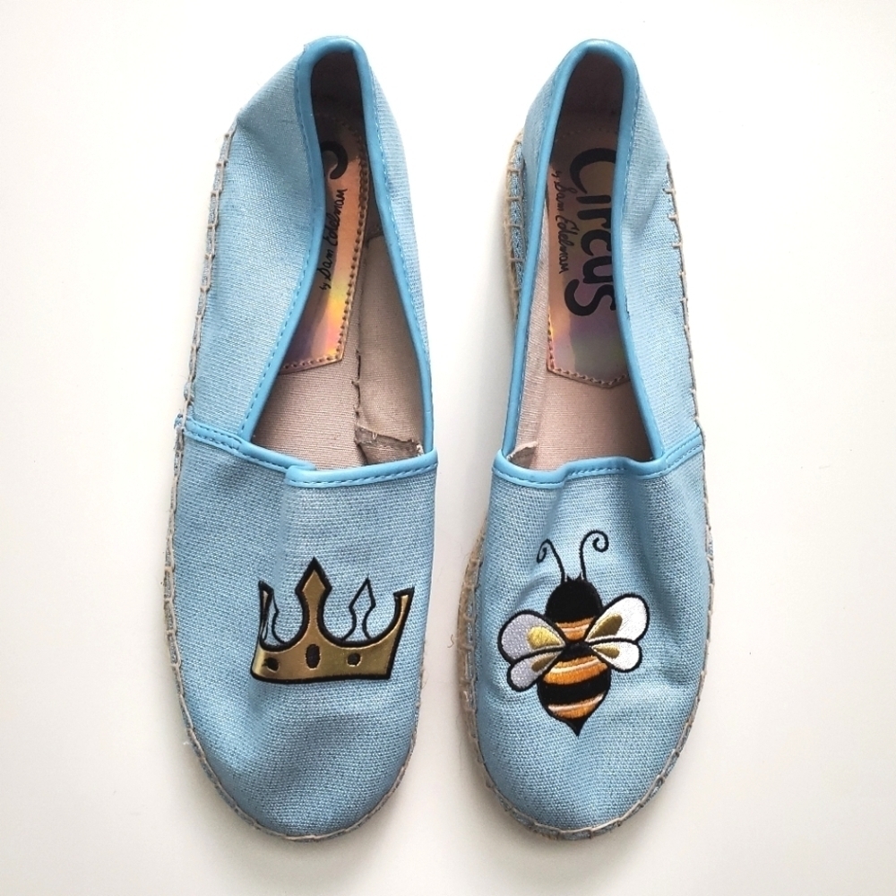 Sam Edelman Sparkly Blue Embroidered Queen Bee Canvas Slip-On Espadrilles